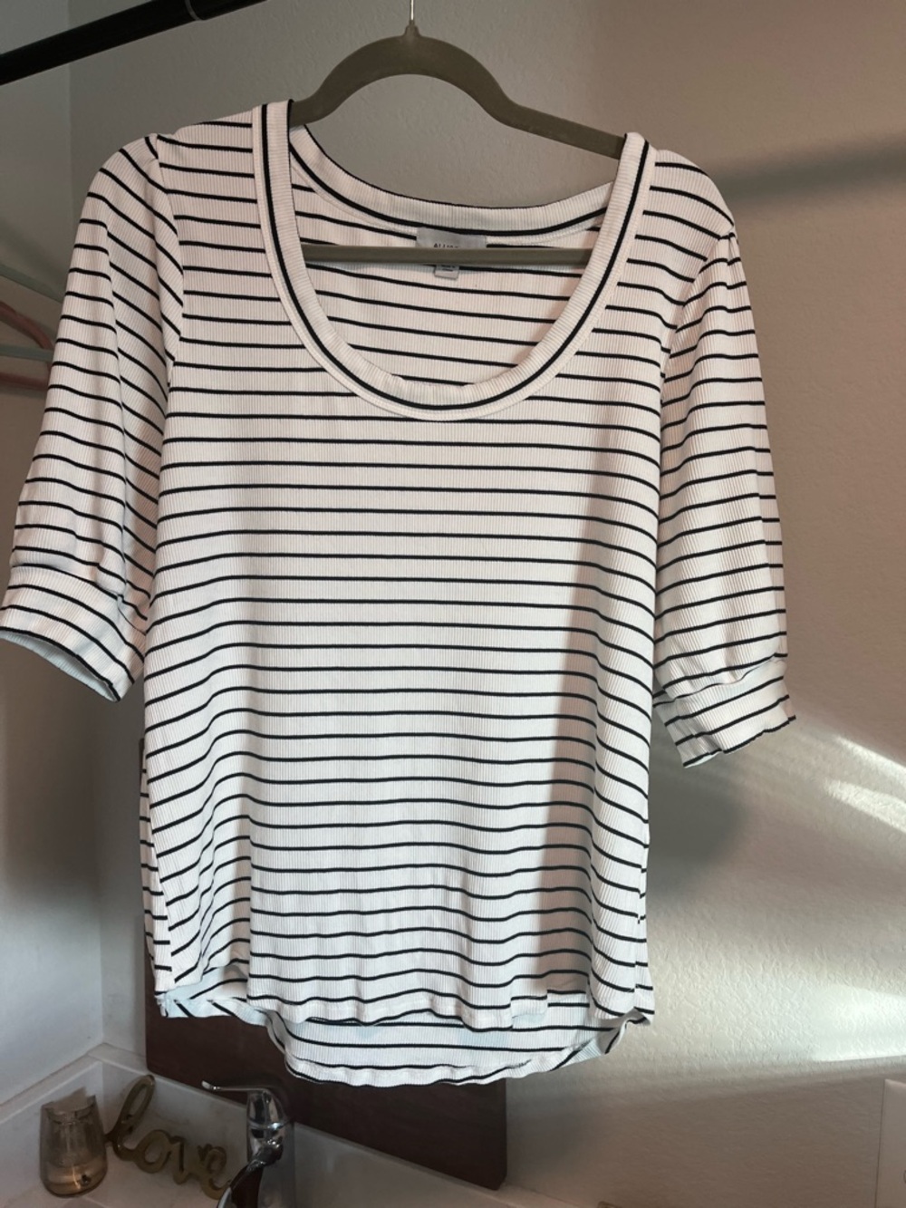 Allison Joy White Scoop Neck Short Sleeve Top with Black Stripes